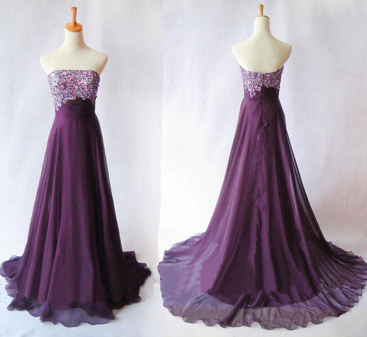 Beaded Purple Long Prom Dress,Strapless Corset Neckline Empire Waist